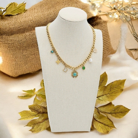 🆕Chunky 18K Gold Plated TrendybNecklace Colorful Charms Pearl Accents Y2K Style - Picture 7 of 13